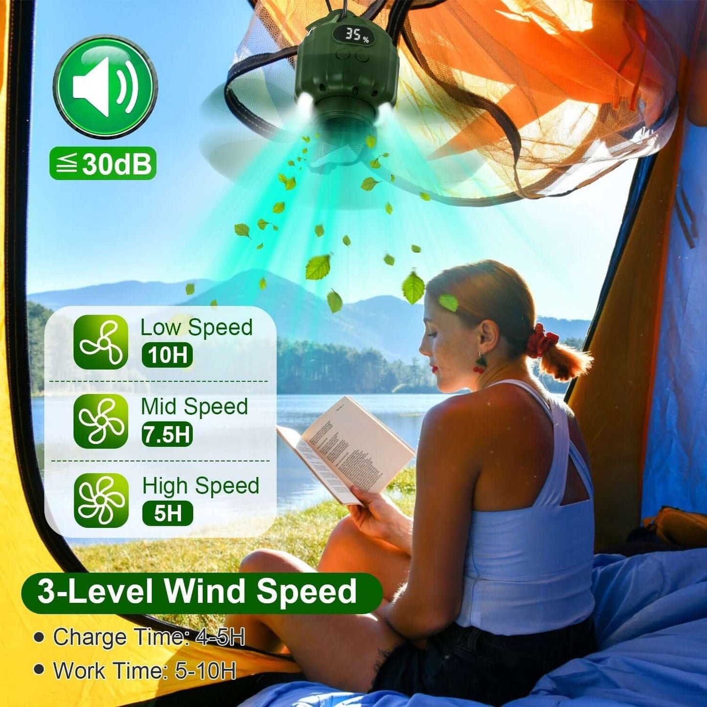 Portable Ceiling Fan Power Bank with adjustable 3-level wind speed for camping and outdoor use.