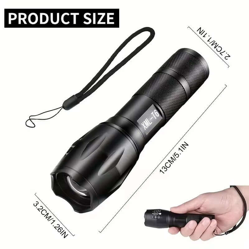 5-Mode Waterproof Tactical Flashlight shown with product size dimensions for outdoor adventures.