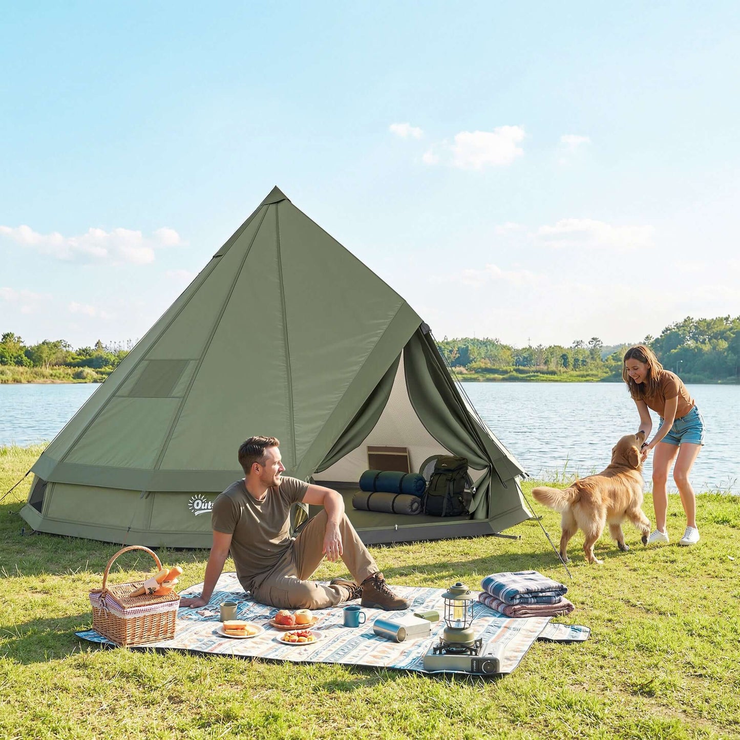 7-Person Waterproof Camping Tent with Stove Jack set up by a lake with a picnic.