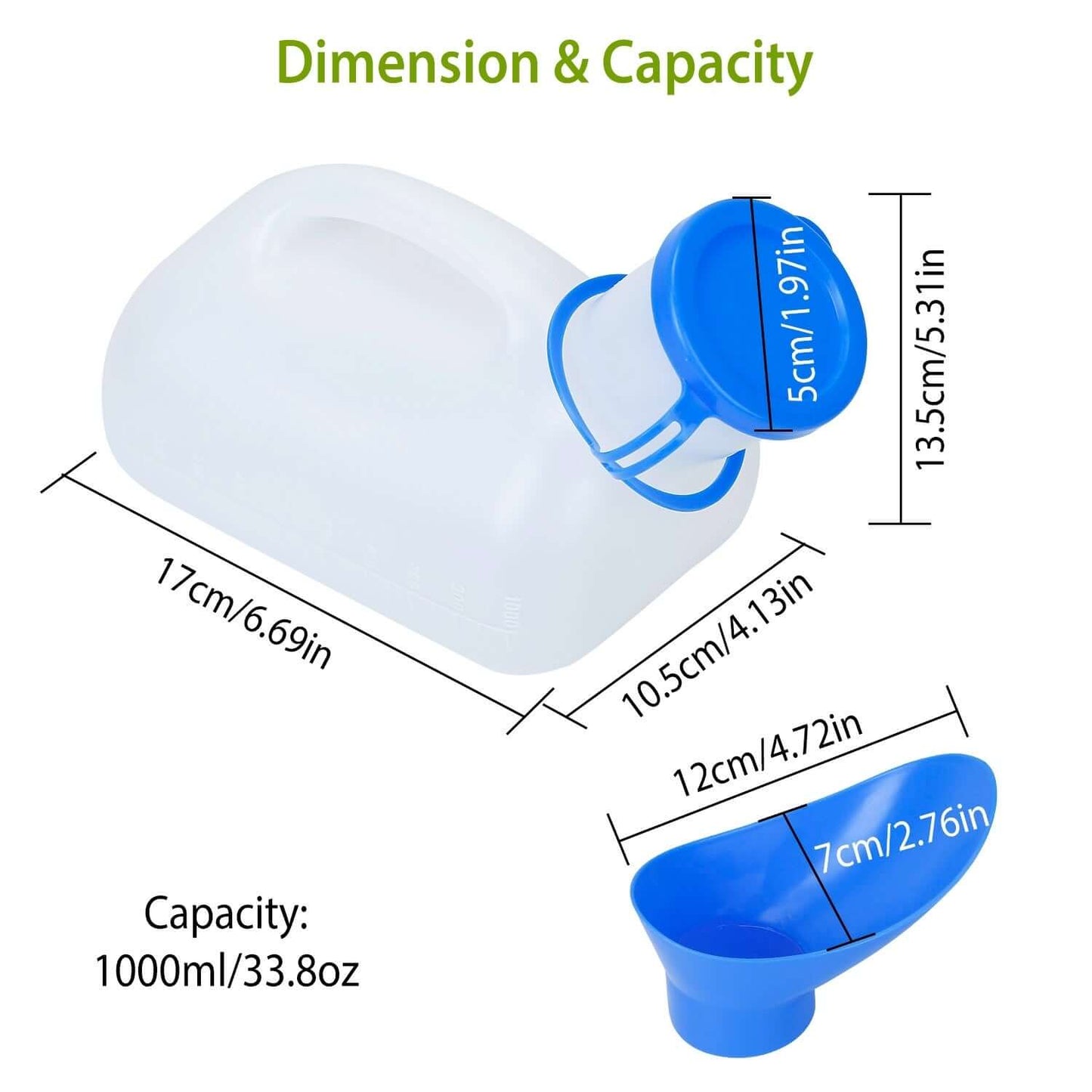 Dimensions and capacity of a portable urinal bottle for camping, showing measurements and a 33.8oz capacity.
