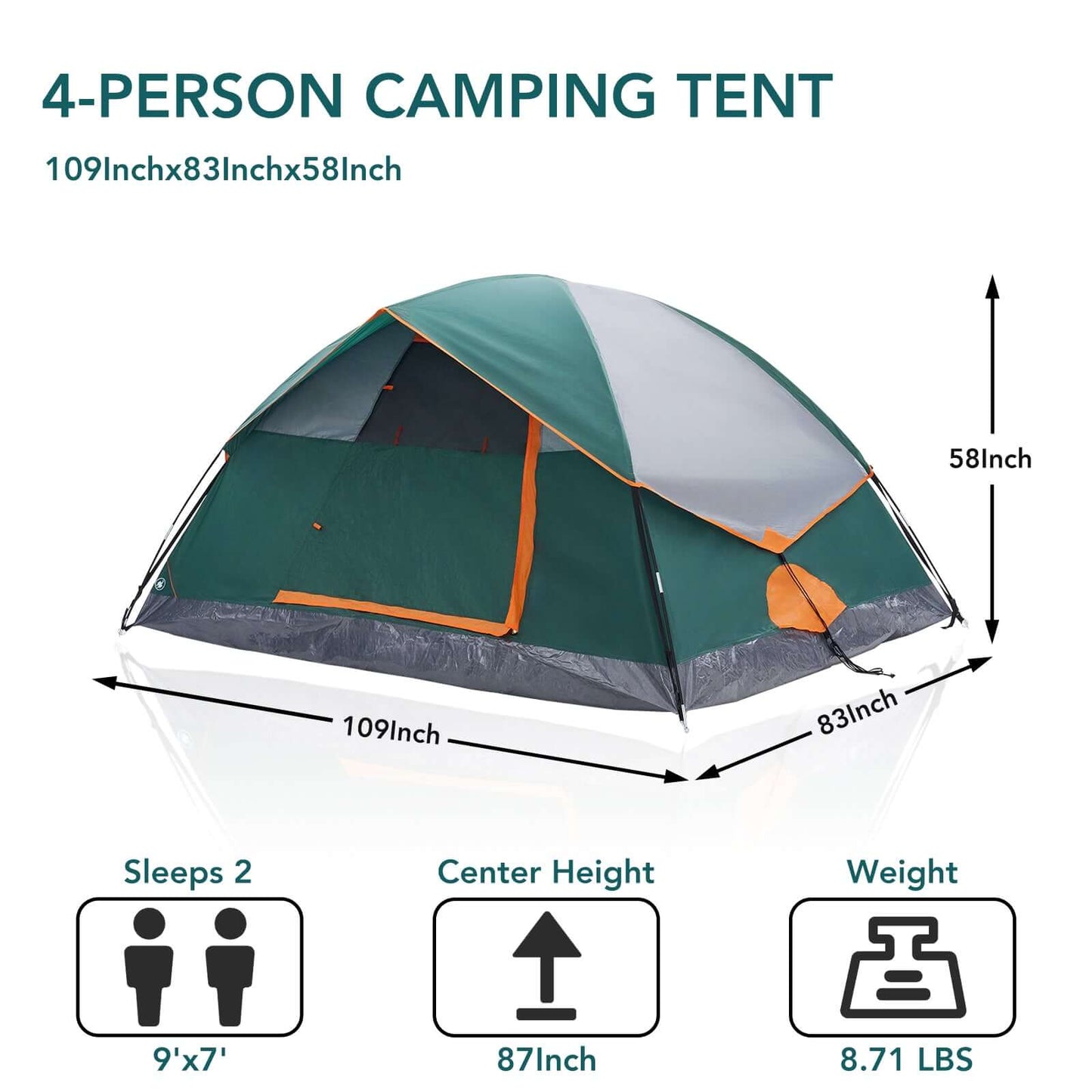 2-Person Dome Camping Tent with lightweight waterproof design for outdoor adventures, measuring 109 x 83 x 58 inches.