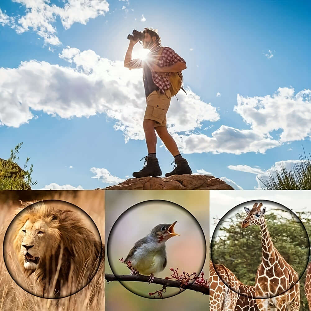 A photographer using High Powered Binoculars With Low Light Night Vision to capture wildlife images in nature.