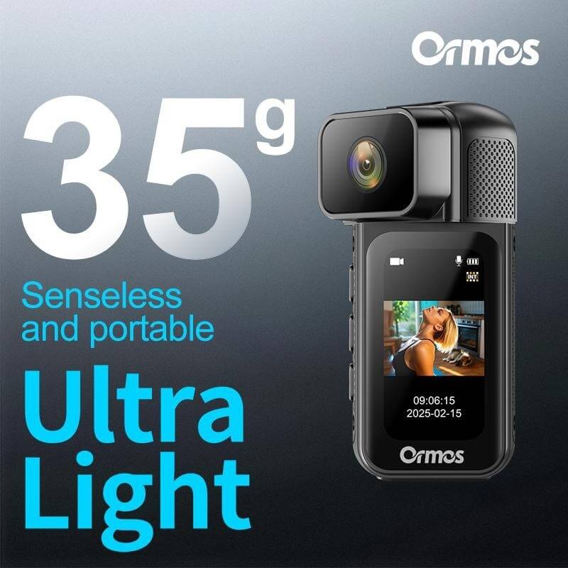 Ormos Mini Action Camera With 180 Degree Rotating Lens - 2.7K Ultra HD displayed on a lightweight design background.