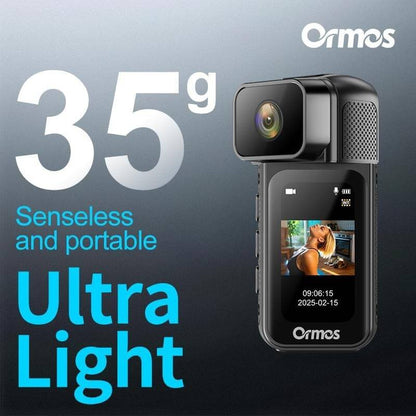 Ormos Mini Action Camera With 180 Degree Rotating Lens - 2.7K Ultra HD displayed on a lightweight design background.