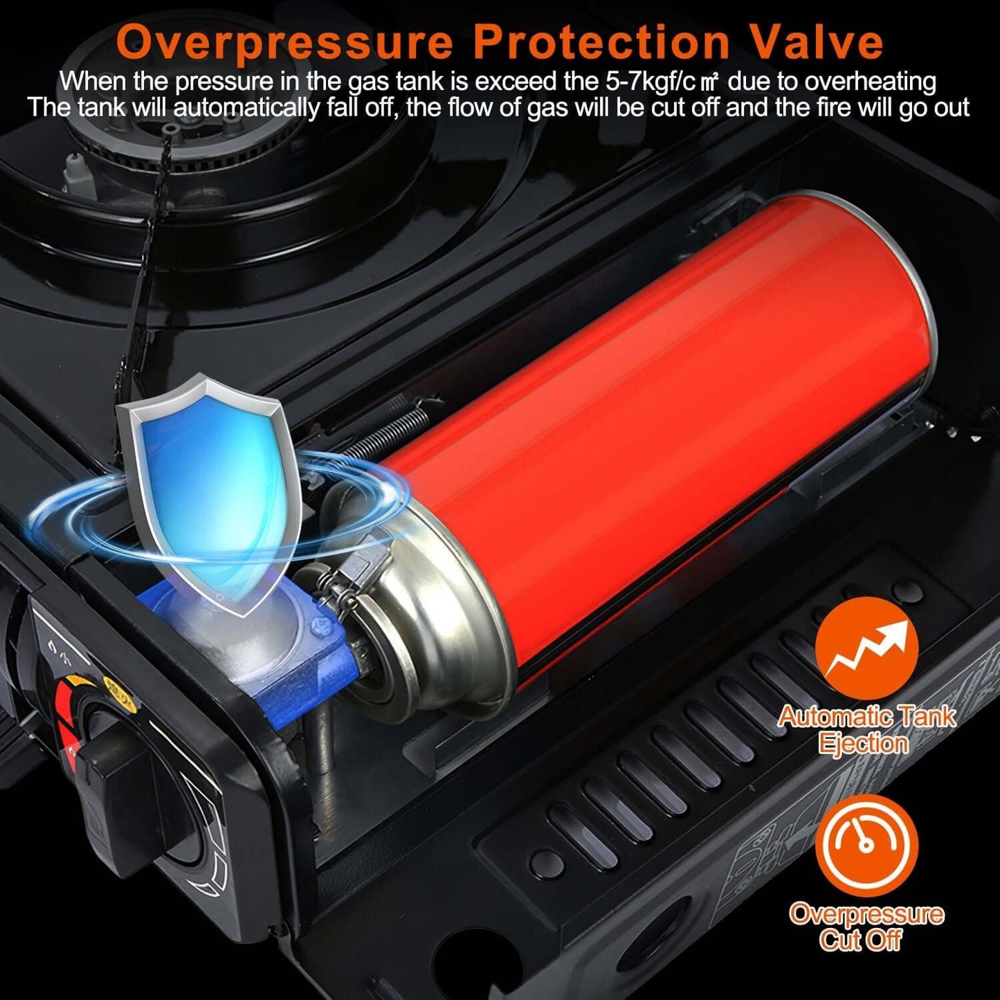 Overpressure Protection Valve of Portable Butane Camping Stove ensuring safety during outdoor cooking.