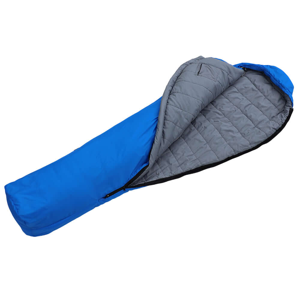 3 Season Sleeping Bag in blue and gray, designed for lightweight warmth on outdoor adventures.
