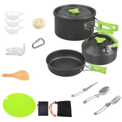 16pcs Camping Cookware Set including pots, pans, utensils, and accessories for outdoor cooking.