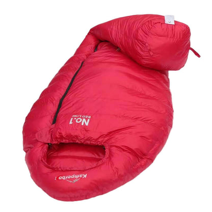 CW1100 Winter Sleeping Bag in vibrant red, designed for warmth and comfort during cold weather camping.