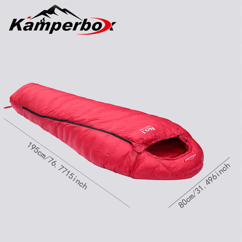 CW1100 Winter Sleeping Bag in red with dimensions for comfortable camping and winter use.