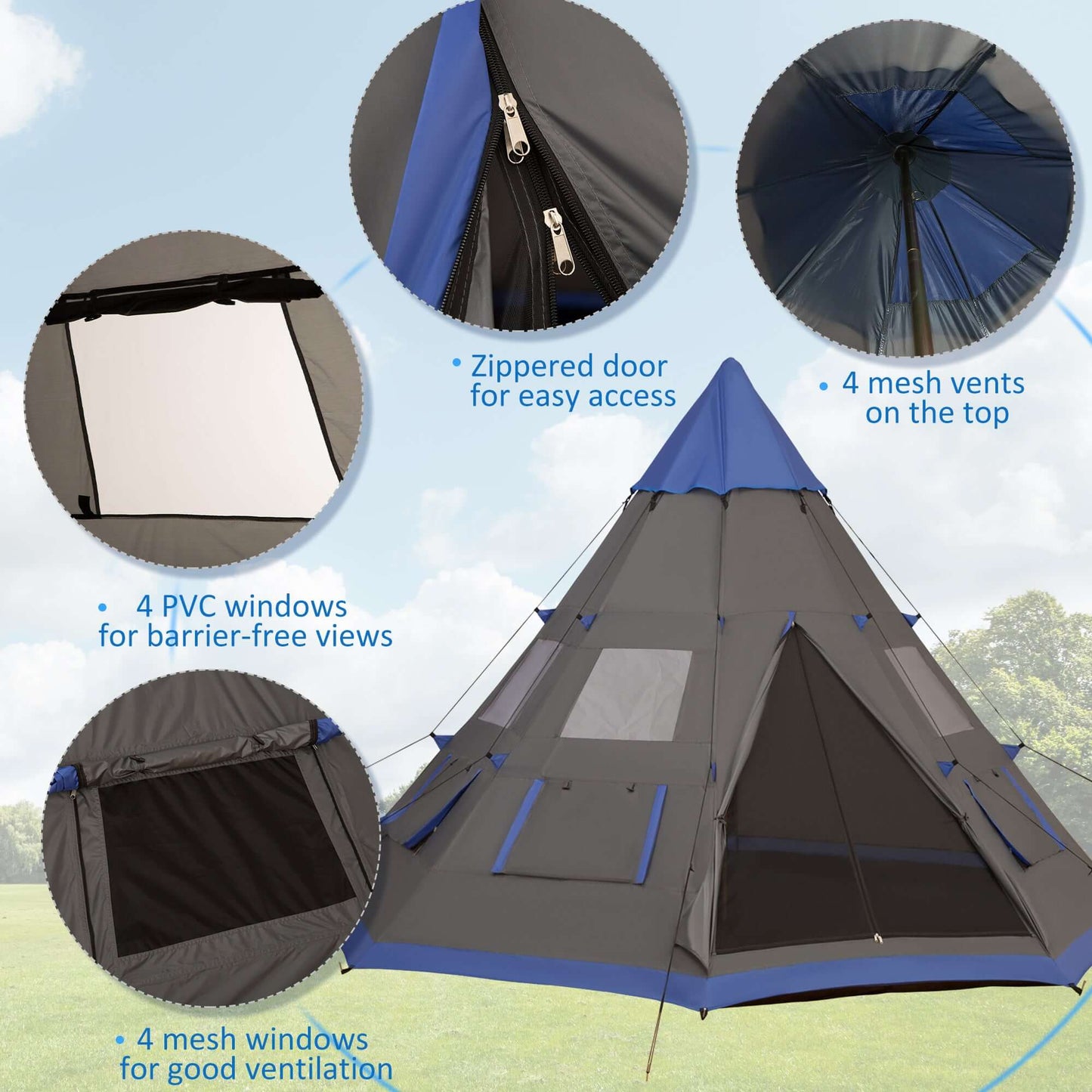 7-Person 12FT Camping Tent with zippered door, mesh vents, and PVC windows for ventilation and views.