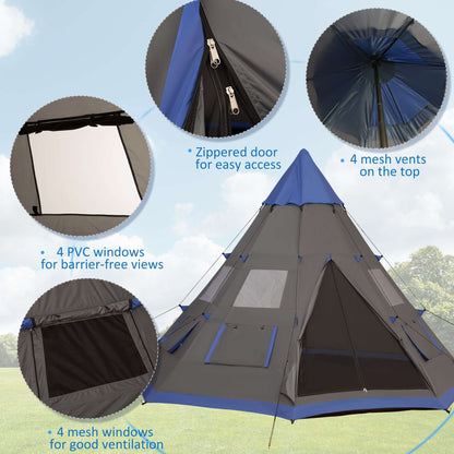 7-Person 12FT Camping Tent with zippered door, mesh vents, and PVC windows for ventilation and views.