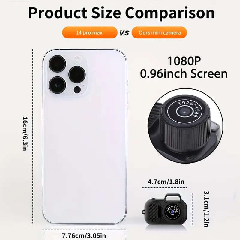 Product size comparison of Key Chain Mini Camera With 32GB SD Card next to smartphone showing dimensions.