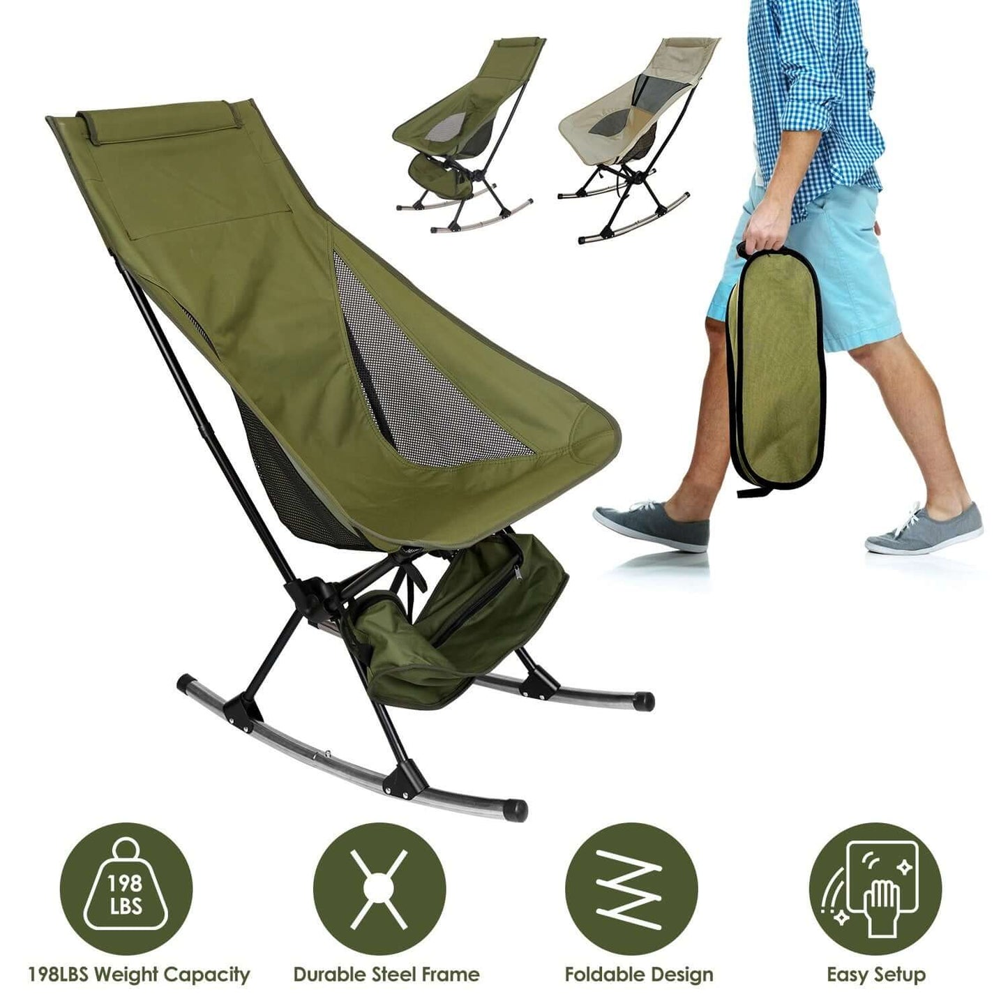 Portable Camping Rocking Chair with durable steel frame and foldable design for outdoor relaxation.