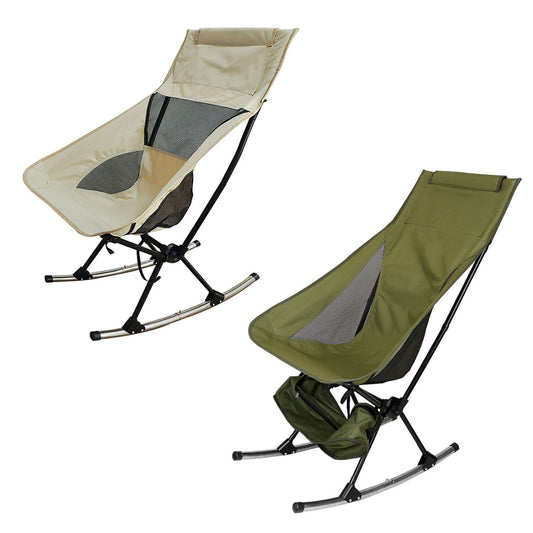 Portable Camping Rocking Chair in beige and green color options, perfect for outdoor relaxation and comfort.