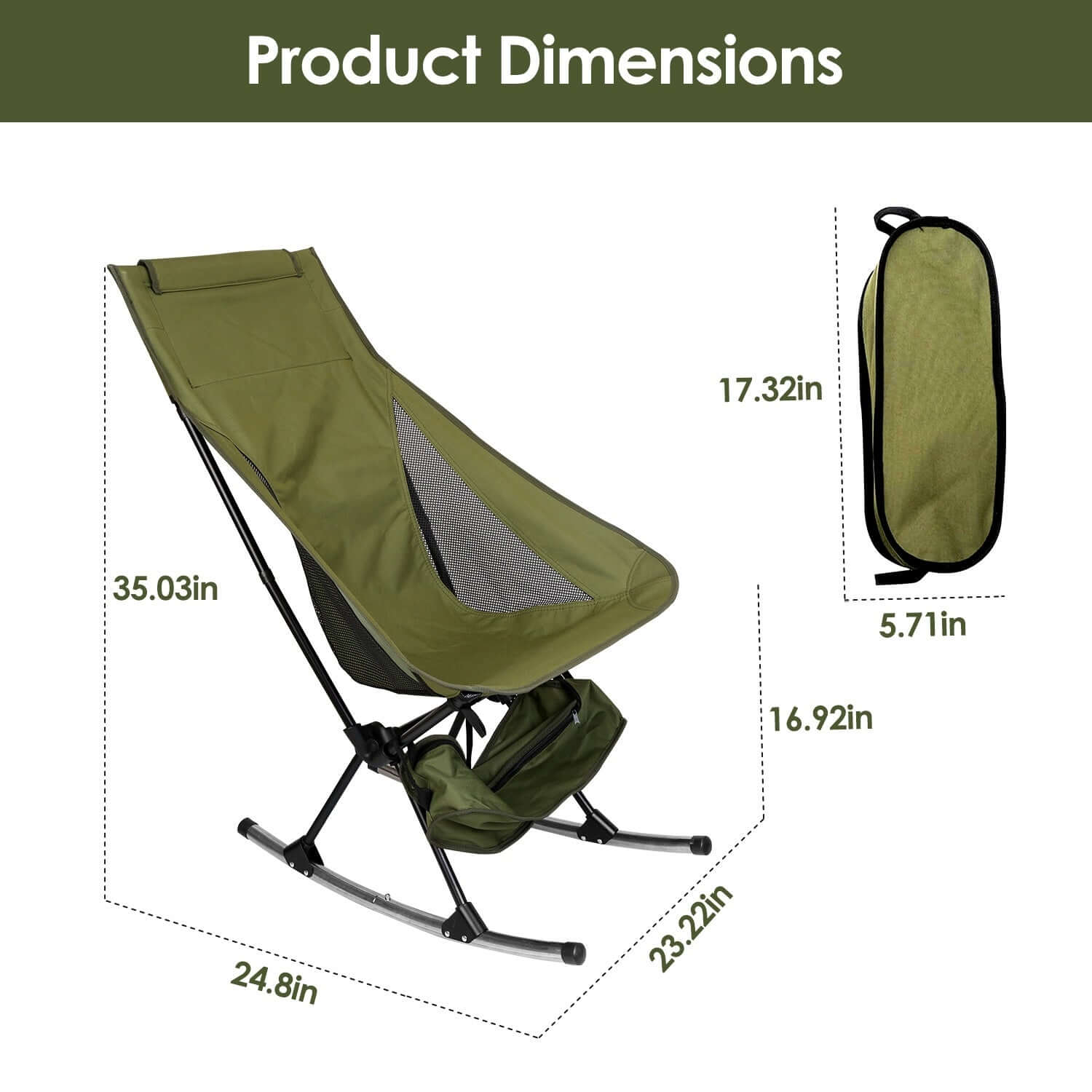Product dimensions of Portable Camping Rocking Chair showcasing size measurements for optimal comfort and portability.
