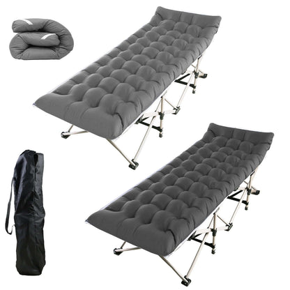 Folding Portable Sleeping Cot set with two gray cots and carrying bag for camping and outdoor adventures.