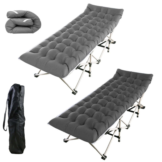 Folding Portable Sleeping Cot set with two gray cots and carrying bag for camping and outdoor adventures.