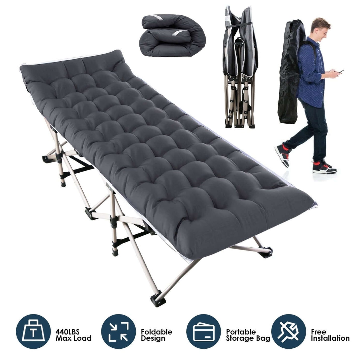 Folding Portable Sleeping Cot with foldable design and portable storage bag, ideal for camping and travel.