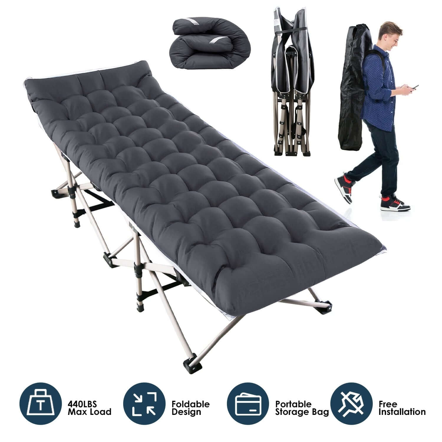 Folding Portable Sleeping Cot with foldable design and portable storage bag, ideal for camping and travel.