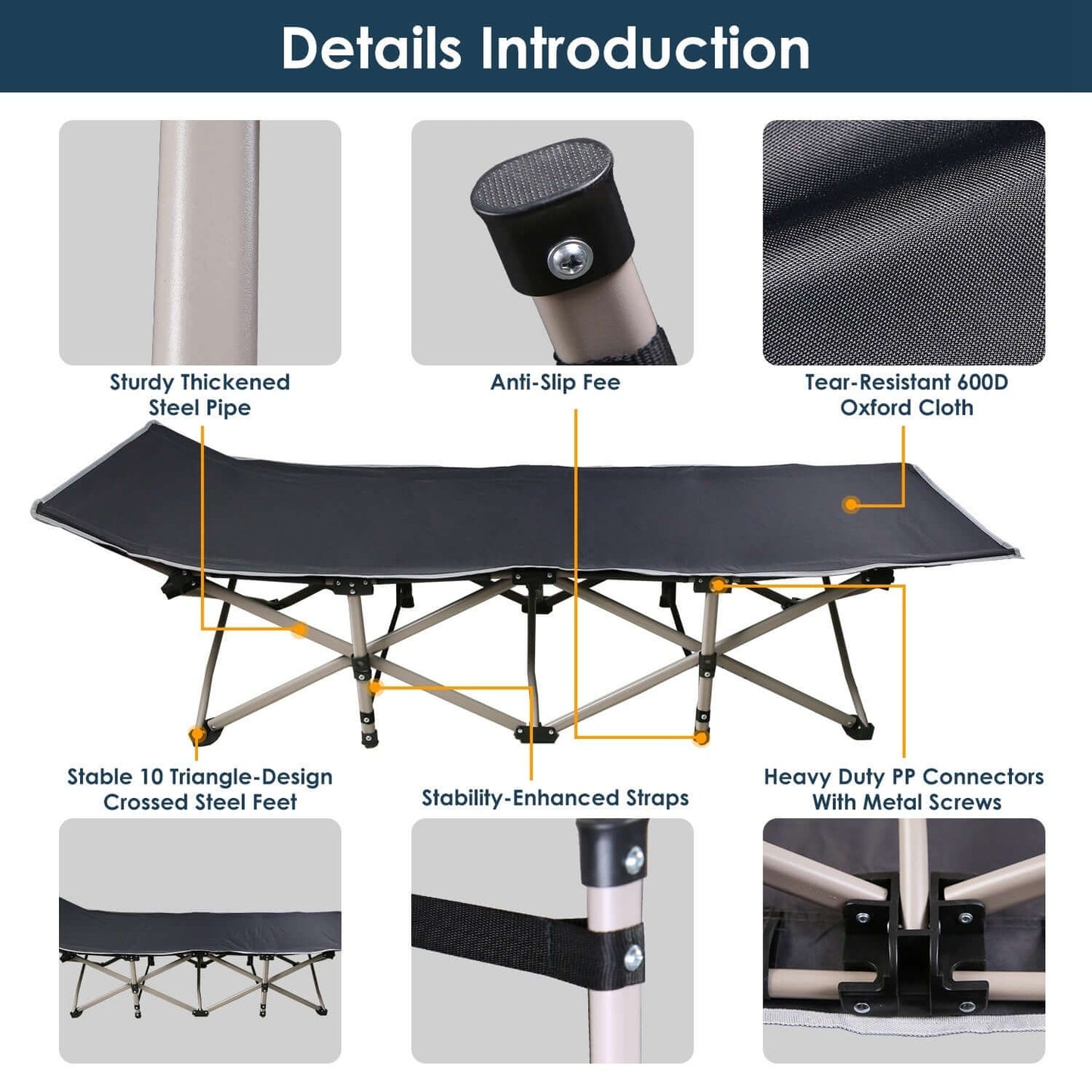 Folding Portable Sleeping Cot details including sturdy steel pipe, anti-slip feet, and tear-resistant fabric.