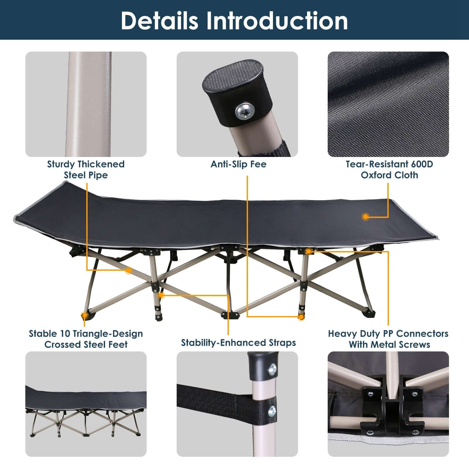 Folding Portable Sleeping Cot details including sturdy steel pipe, anti-slip feet, and tear-resistant fabric.