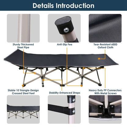 Folding Portable Sleeping Cot details including sturdy steel pipe, anti-slip feet, and tear-resistant fabric.