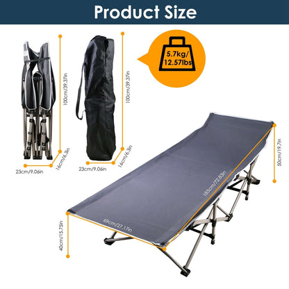 Folding Portable Sleeping Cot dimensions and size information with carrying bag and weight details.