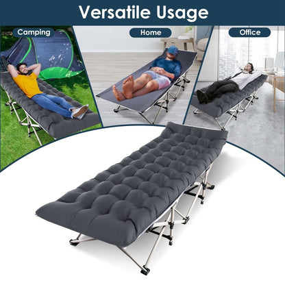 Folding Portable Sleeping Cot shown in camping, home, and office settings for versatile usage.