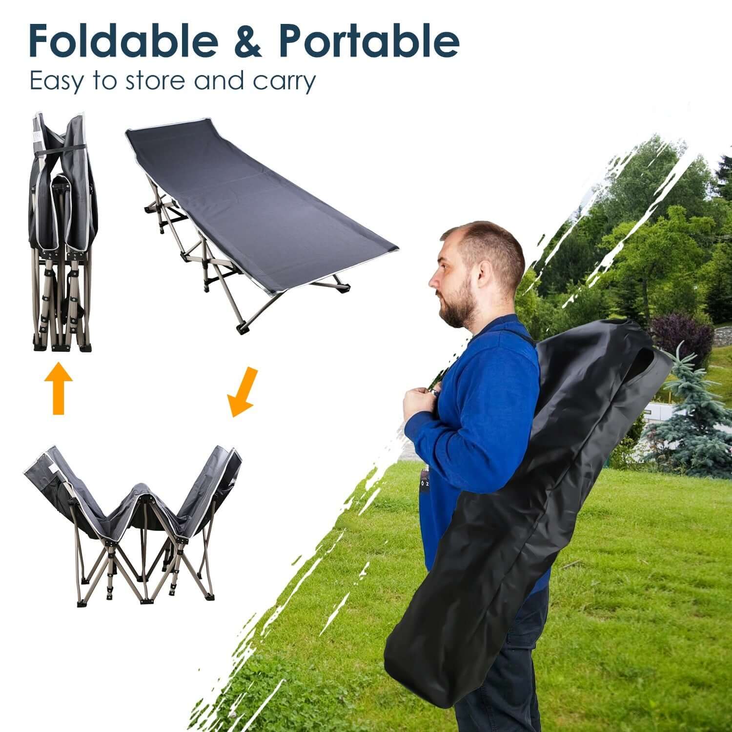 Folding Portable Sleeping Cot shown being carried, foldable and portable for camping and outdoor adventures.
