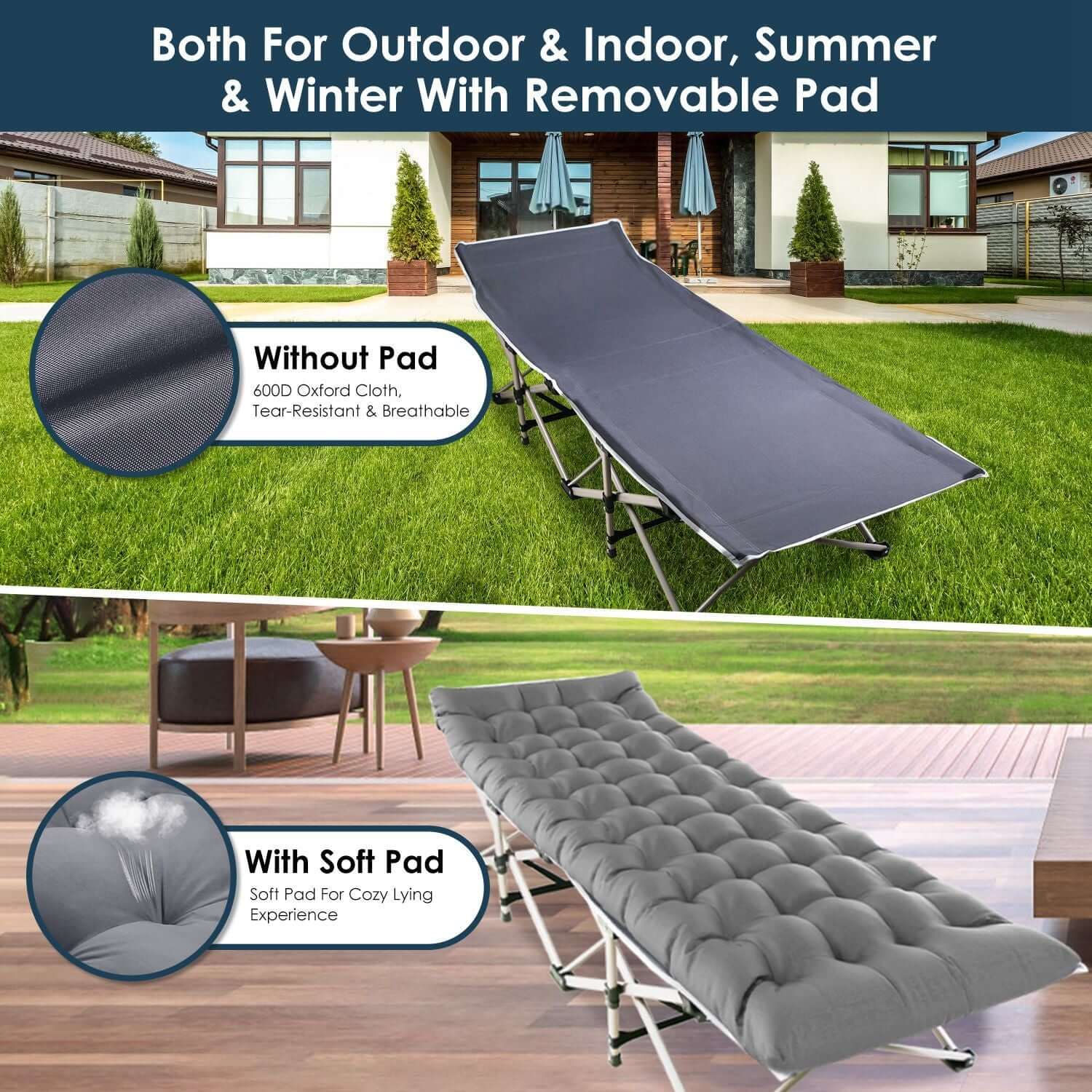 Folding Portable Sleeping Cot in outdoor and indoor settings featuring removable pad for comfort all seasons.