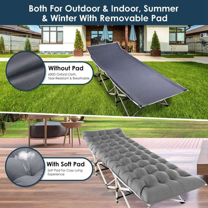 Folding Portable Sleeping Cot in outdoor and indoor settings featuring removable pad for comfort all seasons.