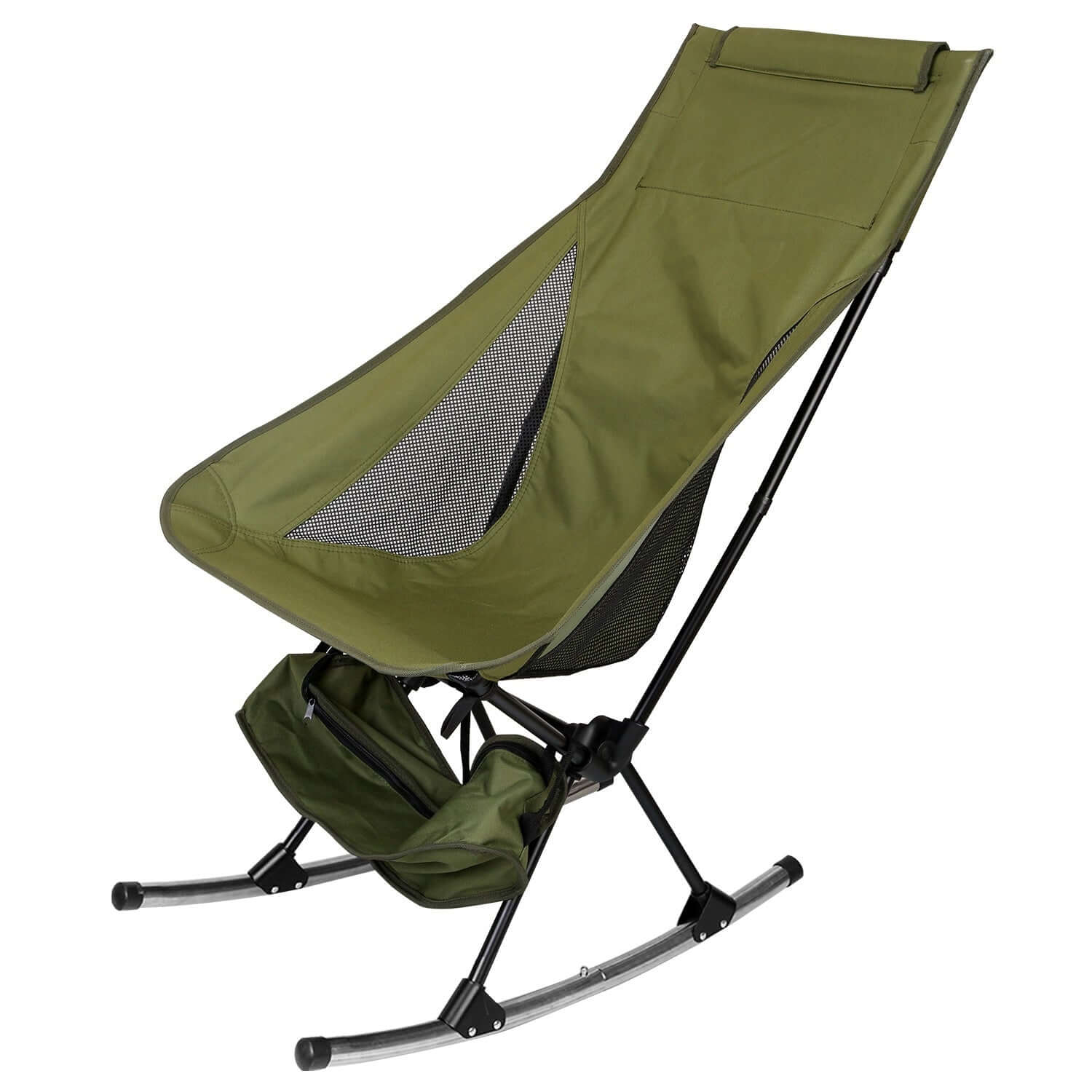 Portable Camping Rocking Chair in green fabric with mesh back and storage pockets for outdoor relaxation.
