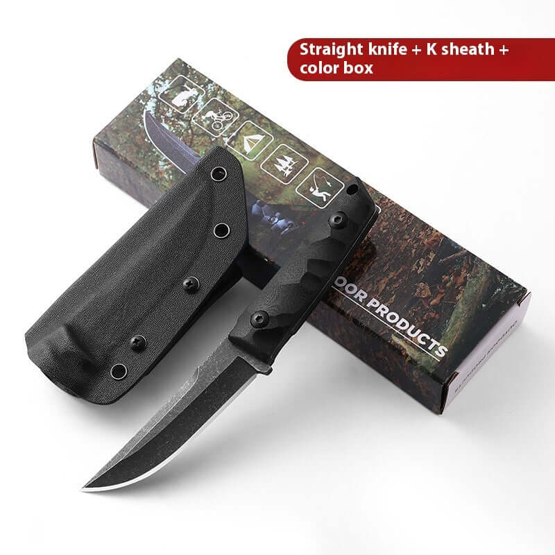 Samurai Style Survival Knife displayed with sheath and box packaging, perfect for outdoor adventures.