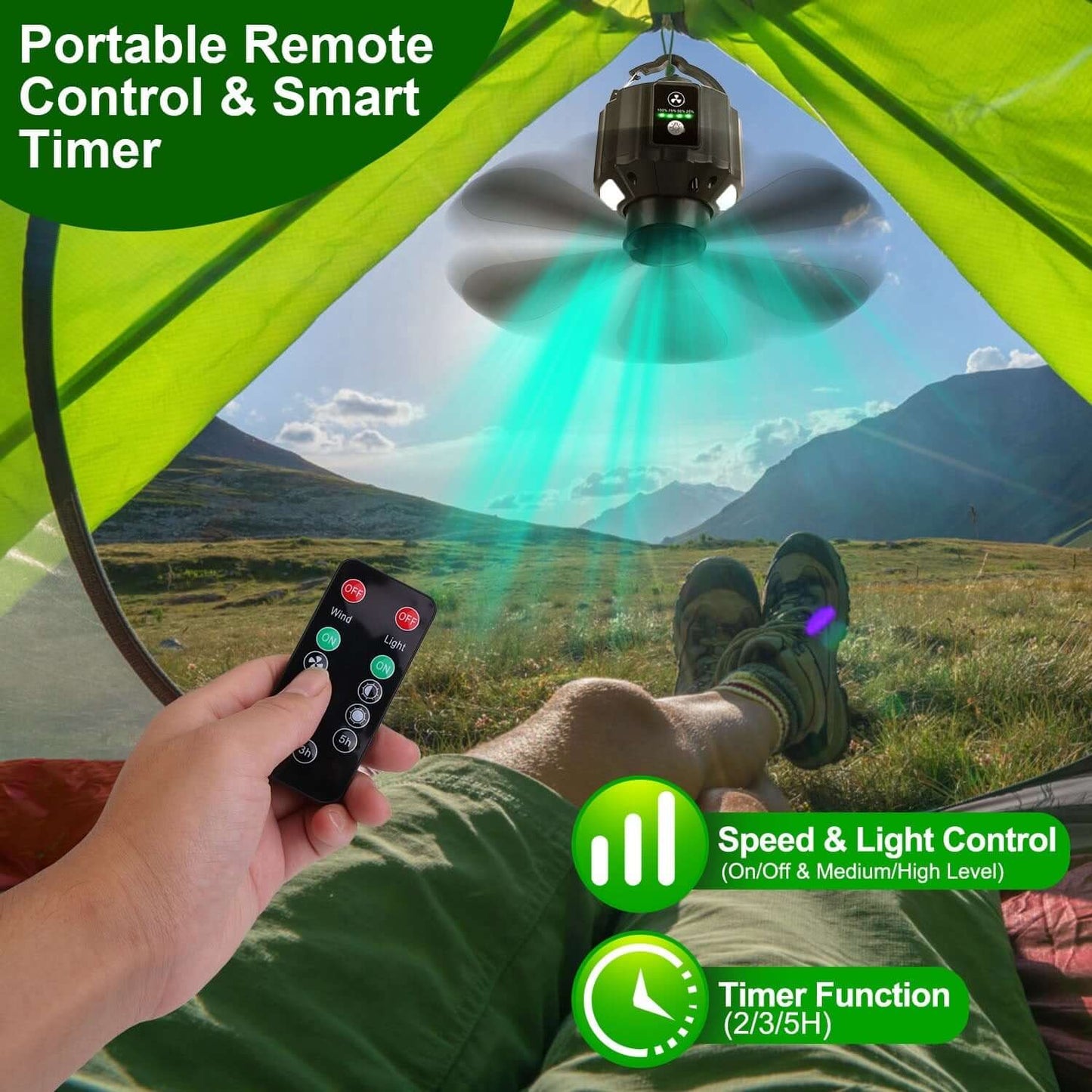Portable Ceiling Fan Power Bank with remote control and smart timer in a camping tent setting.