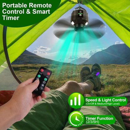 Portable Ceiling Fan Power Bank with remote control and smart timer in a camping tent setting.