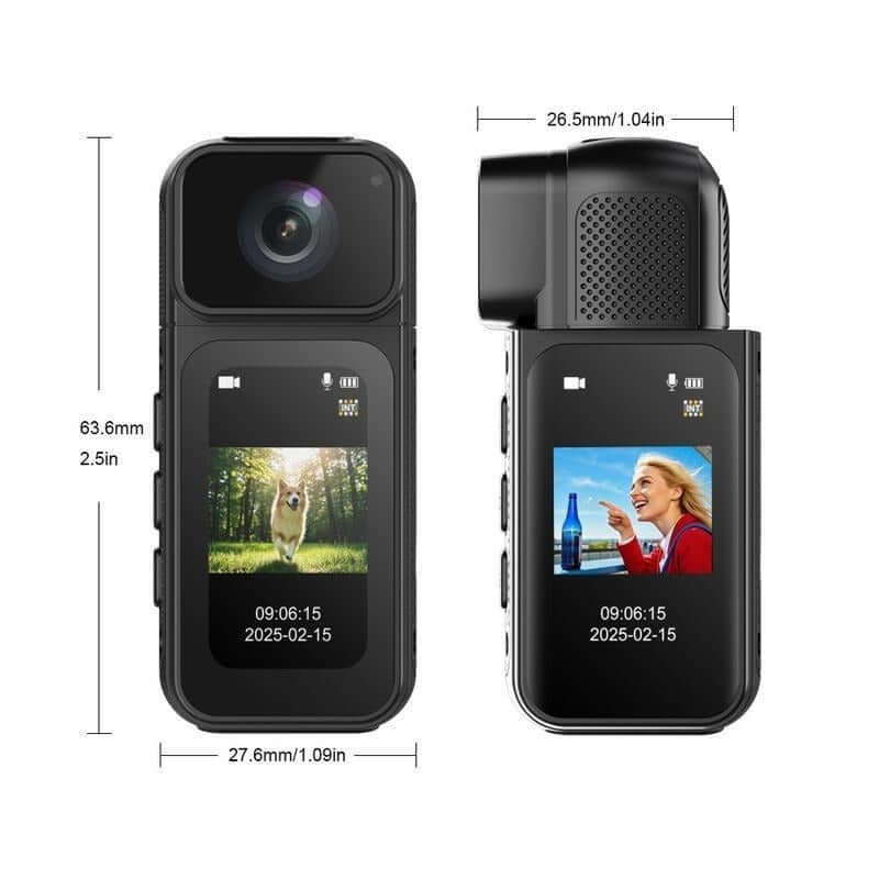 Ormos Mini Action Camera With 180 Degree Rotating Lens - 2.7K Ultra HD showcasing front and side views with dimensions.