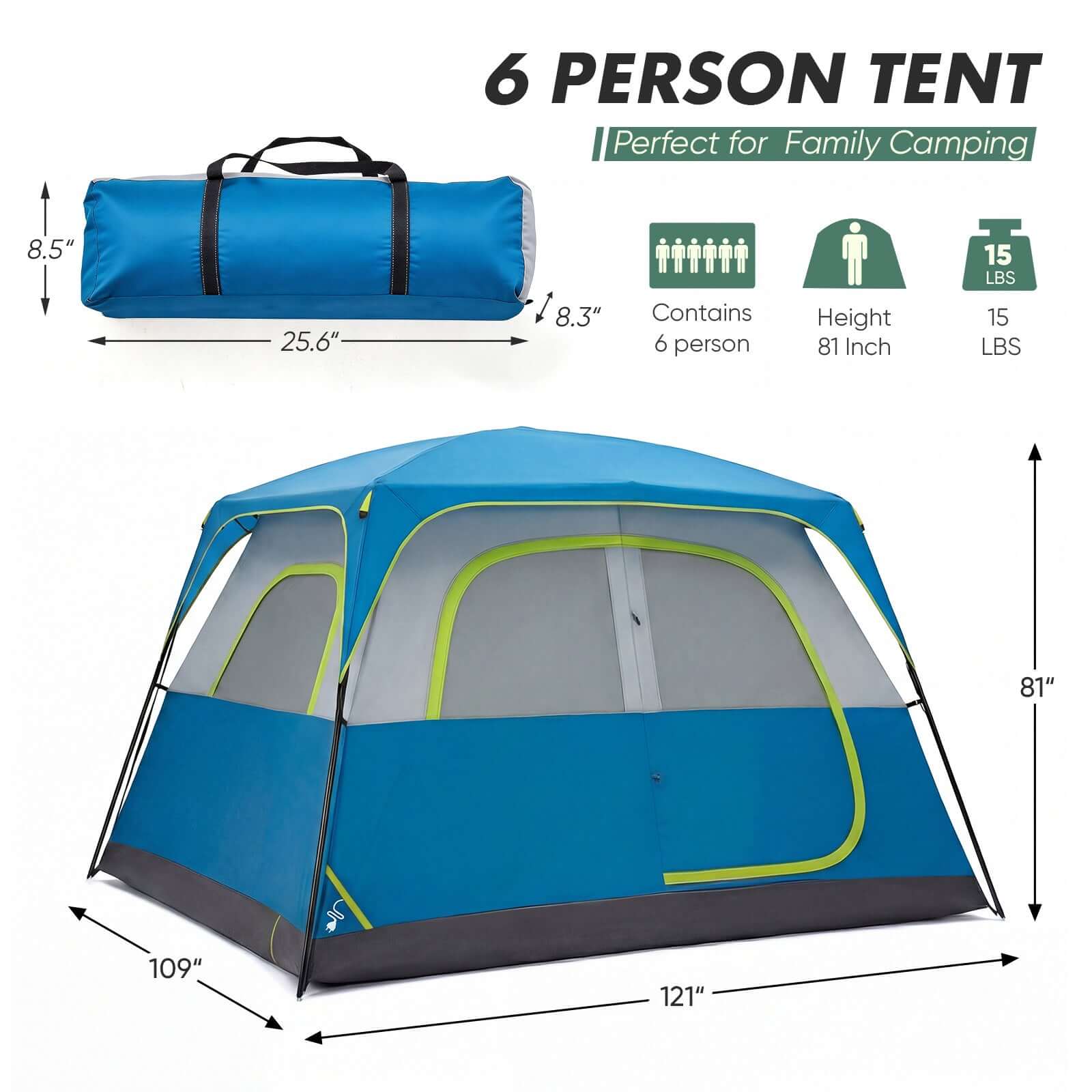 6-person Waterproof And Windproof Family Camping Tent dimensions and carry bag, perfect for family camping adventures.