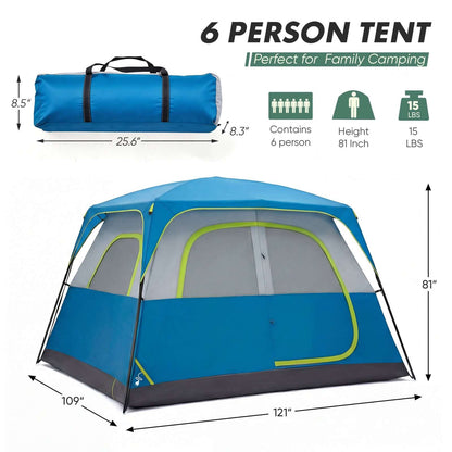 6-person Waterproof And Windproof Family Camping Tent dimensions and carry bag, perfect for family camping adventures.