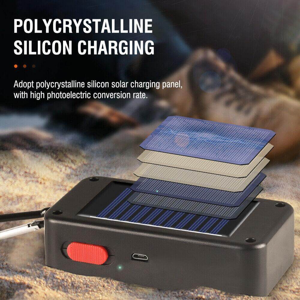 Solar Portable Camping Lantern featuring polycrystalline silicon charging panel for efficient energy conversion.