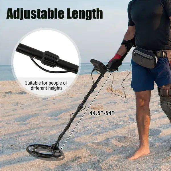 Metal Detector With IP67 Waterproof Coil & 4 Detection Modes showing adjustable length feature for outdoor treasure hunting.