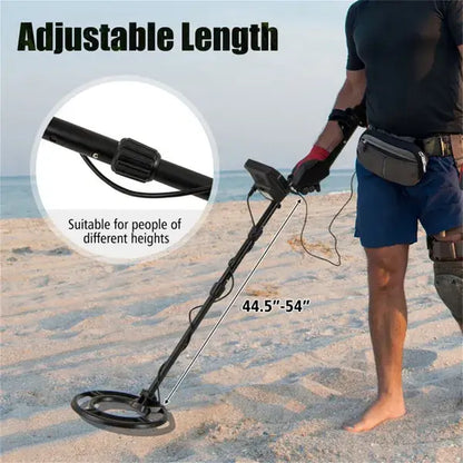 Metal Detector With IP67 Waterproof Coil & 4 Detection Modes showing adjustable length feature for outdoor treasure hunting.