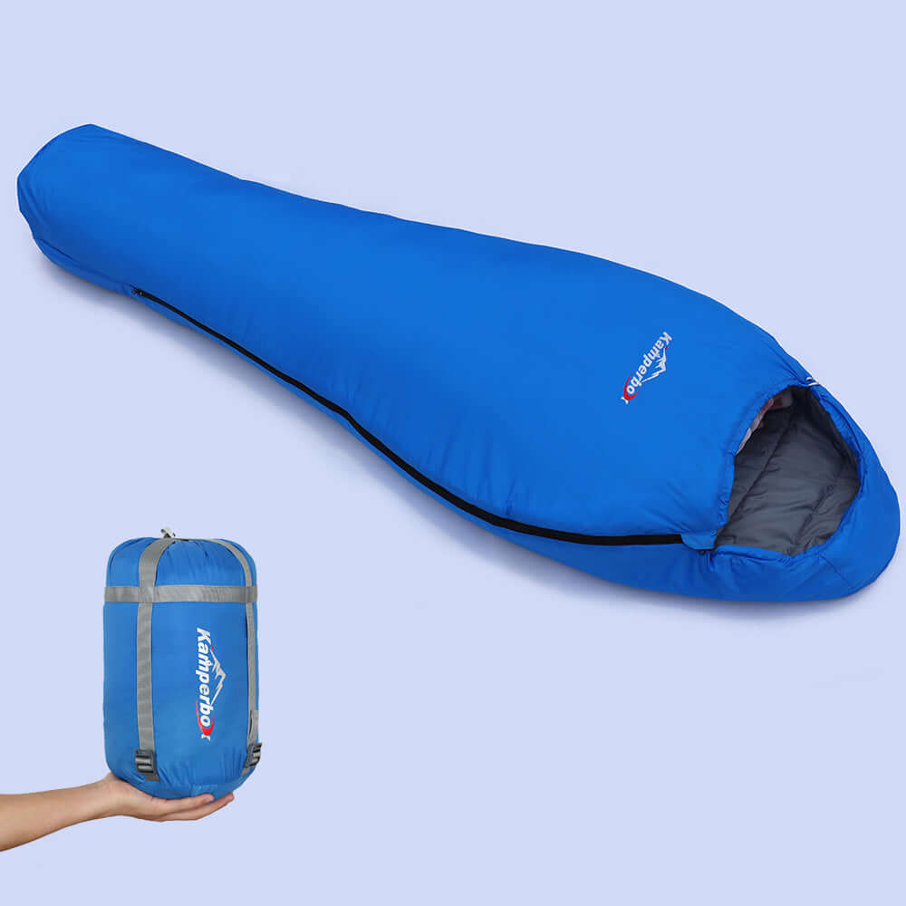 3 Season Sleeping Bag shown in blue, lightweight and compact for camping and outdoor adventures.