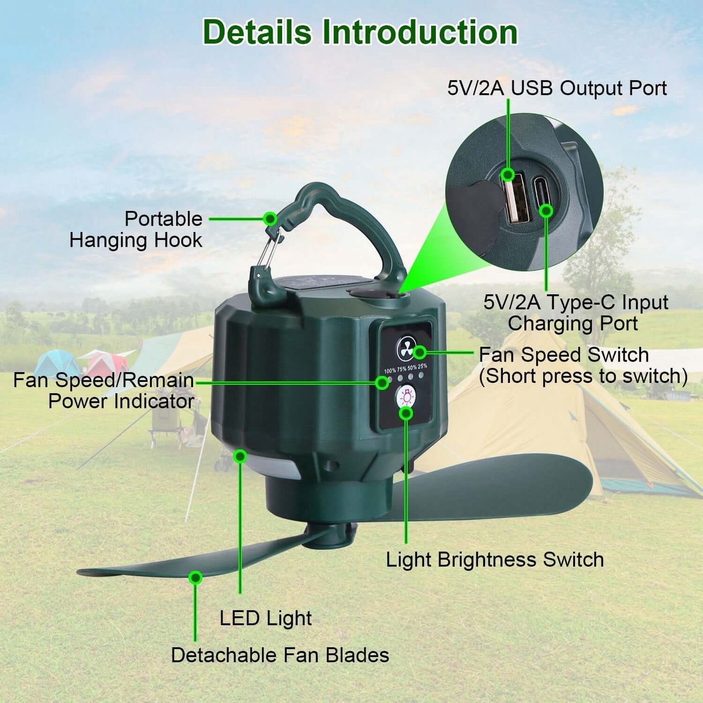 Portable Ceiling Fan Power Bank features LED light, portable hook, USB ports, and detachable fan blades for outdoor use.