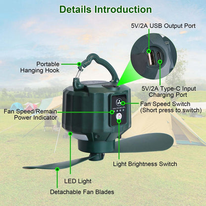 Portable Ceiling Fan Power Bank features LED light, portable hook, USB ports, and detachable fan blades for outdoor use.