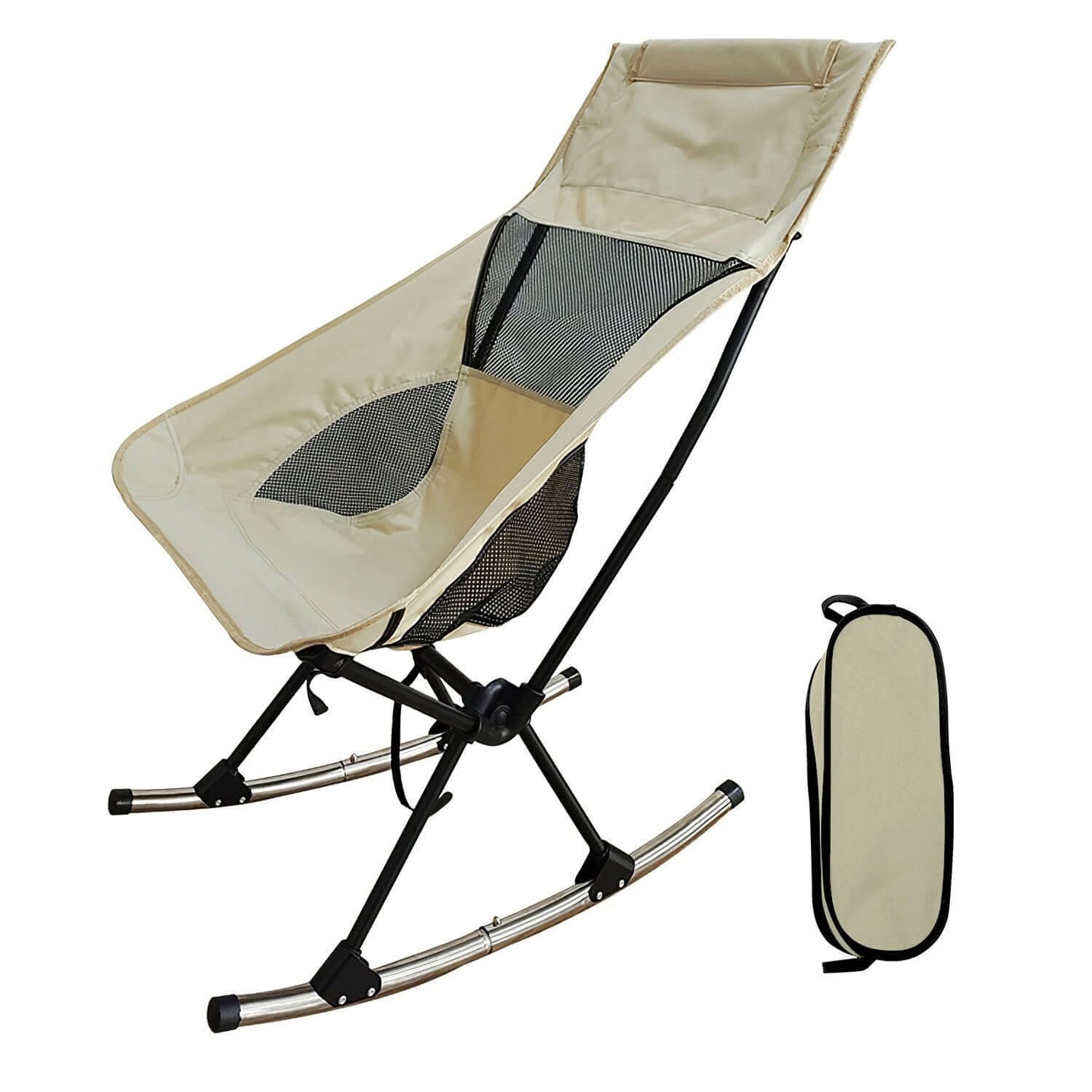 Portable Camping Rocking Chair in beige with foldable design for outdoor relaxation and comfort.