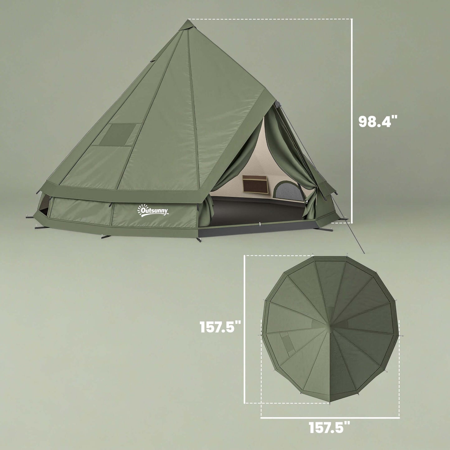 7-Person Waterproof Camping Tent with Stove Jack shown with dimensions and side view in olive green.