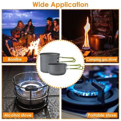 8pcs Camping Cookware Set used in various outdoor cooking scenarios including bonfire and portable stove.