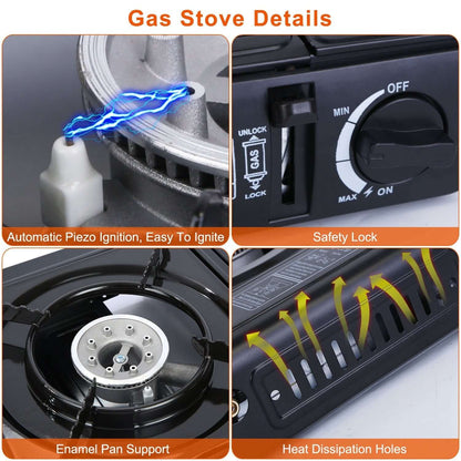 Portable Butane Camping Stove features automatic ignition, safety lock, enamel pan support, and heat dissipation holes.