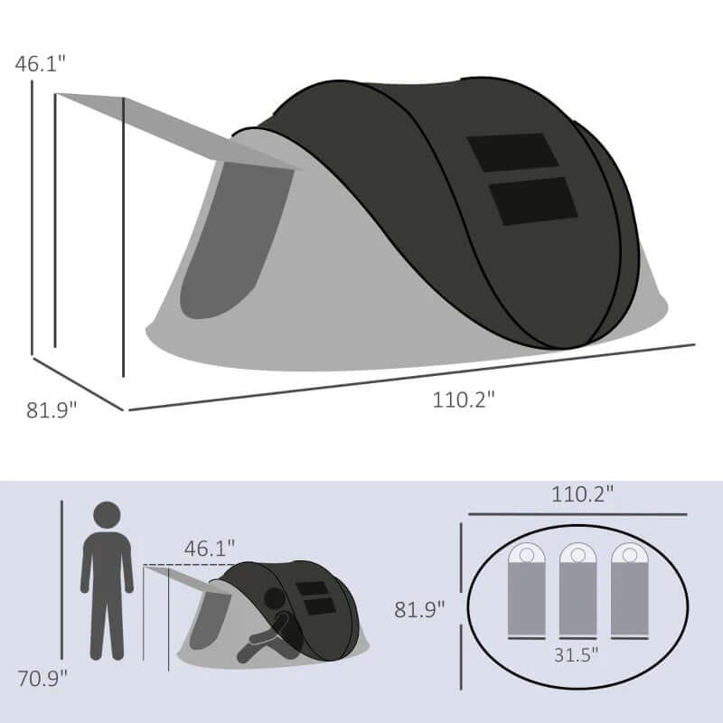 Dimensions of 3-Person Pop Up Tent With Porch And Carry Bag, showing height and width specifications.