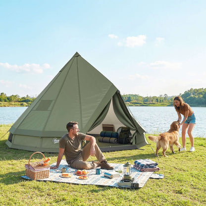 7-Person Waterproof Camping Tent with Stove Jack set up by a lake with a picnic.